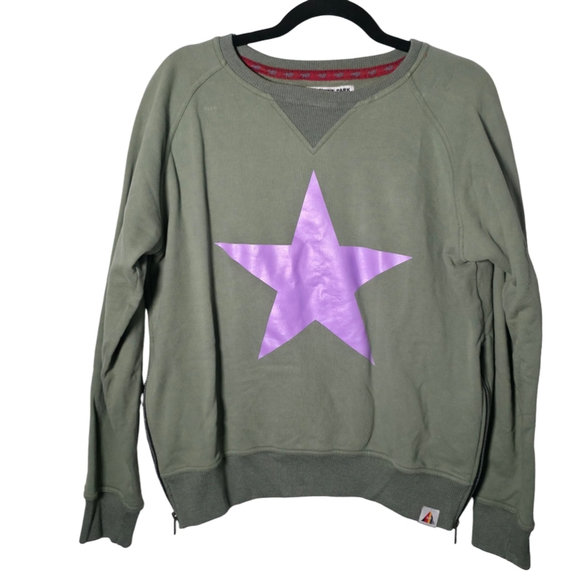 Sunshine Park Olive Green Star Sweatshirt Medium Side Zip Pullover Casual Street - Picture 2 of 11